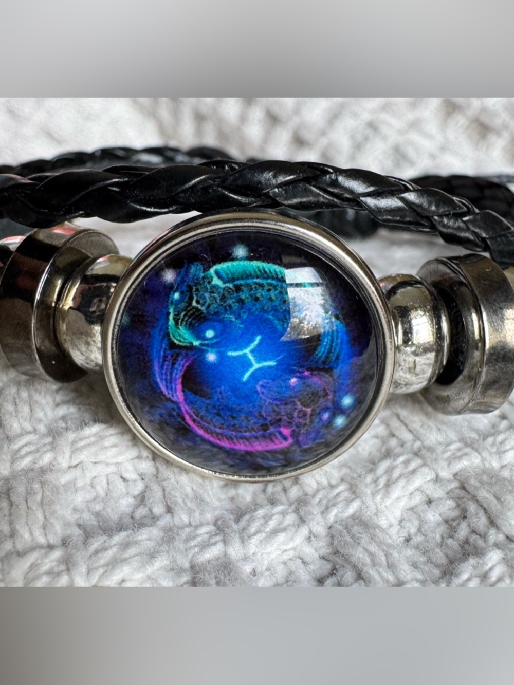 3/$25 Pisces Bracelet Koi Fish Glass Dome Braided Faux Leather Blue Purple